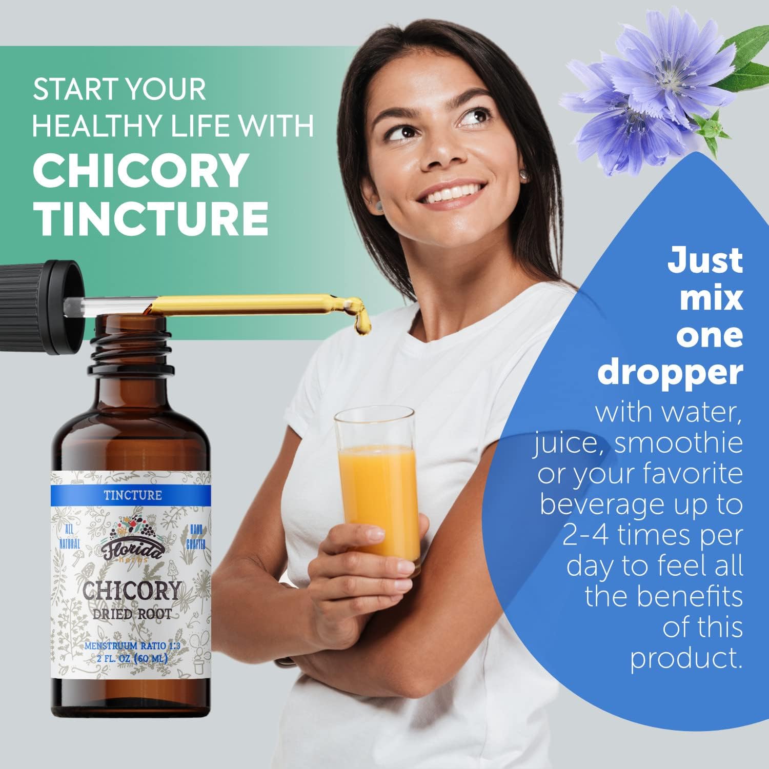 Organic Chicory Tincture Extract for Loss of Appetite, Liver, Gallbladder - 2 oz (60 ml) Bottle - Non-GMO Cold-Pressed Vegetable Glycerin - Florida Herbs