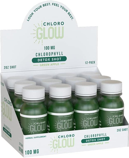 Organic Chloroglow Liquid Chlorophyll Shots - Green Apple Flavor (12 Pack) | Natural Plant-Based Detox Drink for Energy Boost and Immune Support
