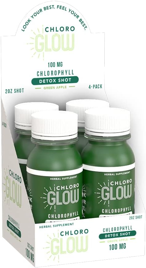 Organic Chloroglow Liquid Chlorophyll Shots for Energy and Immune Support - Green Apple Flavor (4 Pack)