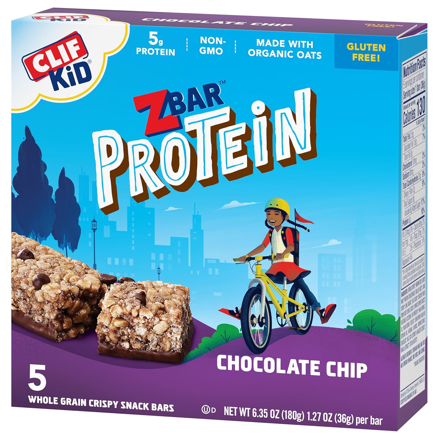 Organic Chocolate Chip Protein Snack Bars for Kids - 5g Protein, Whole Grain, Non-GMO - 1.27 oz. (5 Pack)