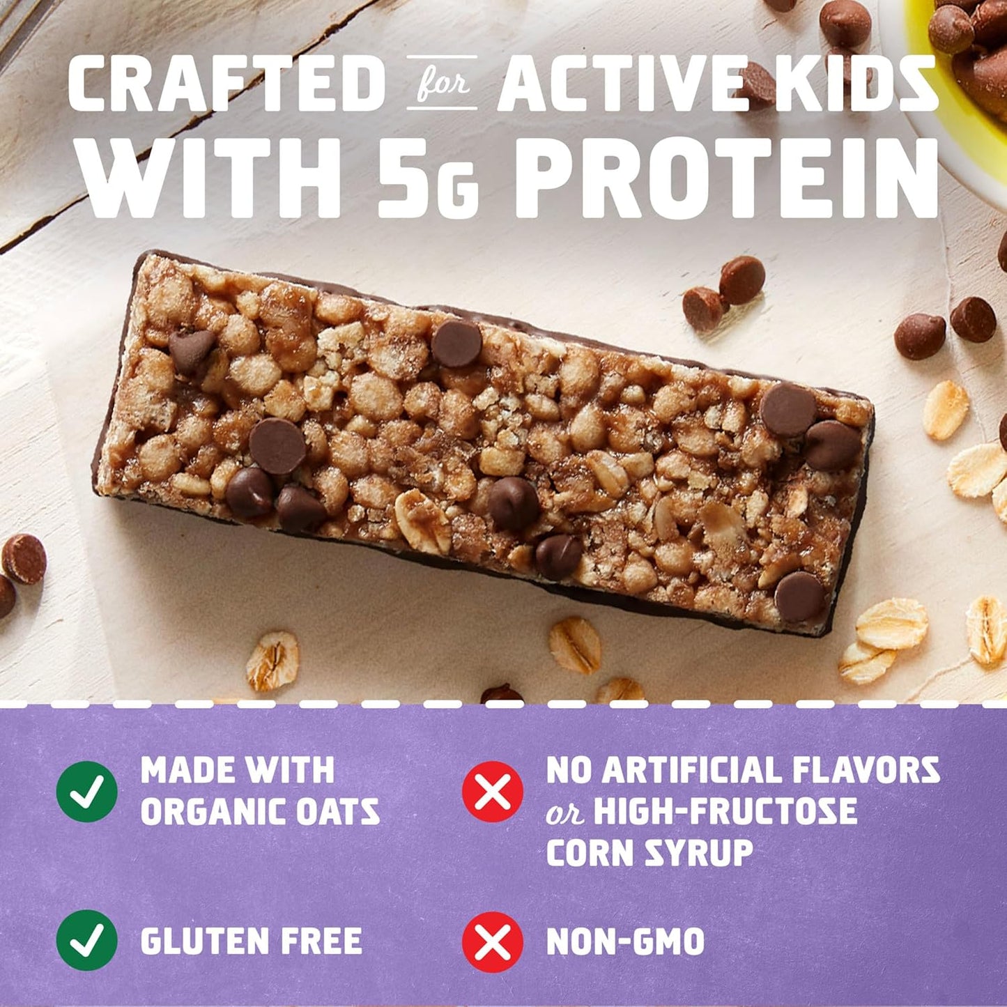 Organic Chocolate Chip Protein Snack Bars for Kids - 5g Protein, Whole Grain, Non-GMO - 1.27 oz. (5 Pack)