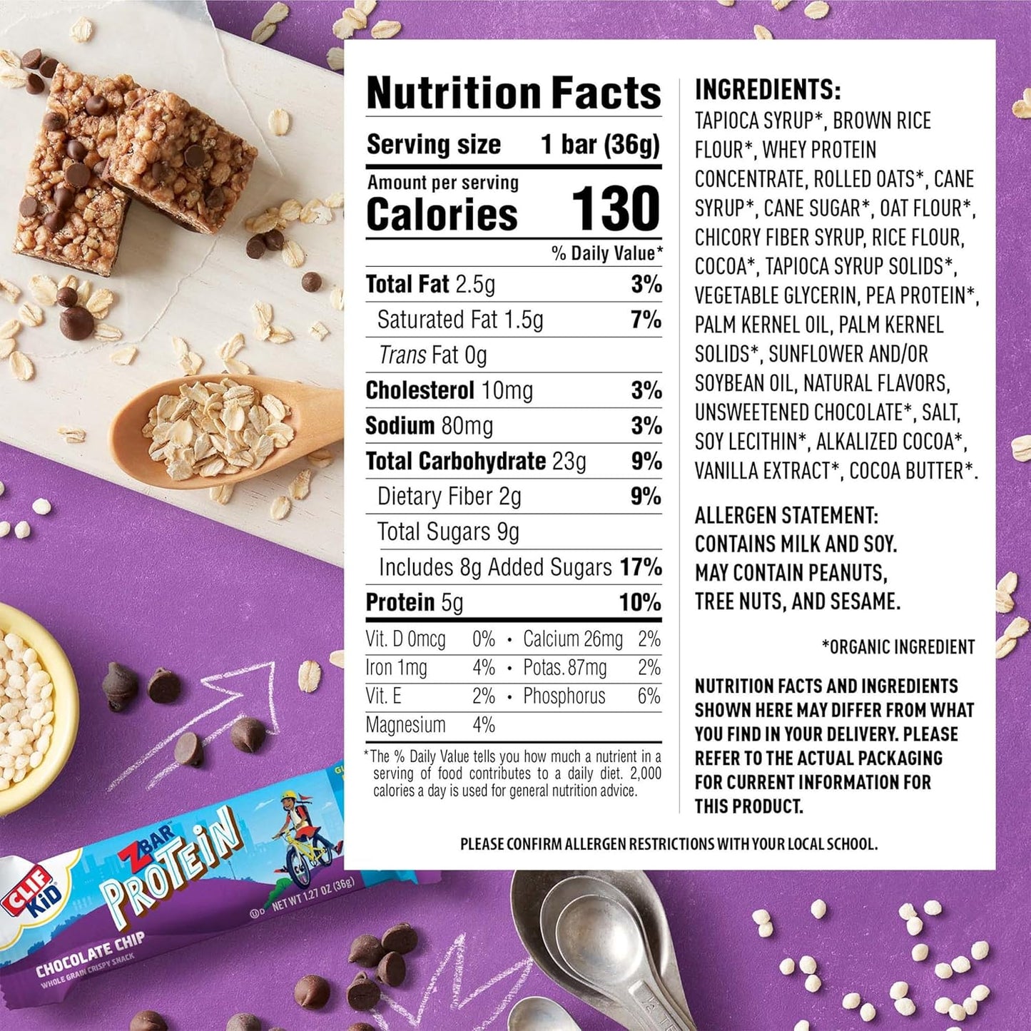 Organic Chocolate Chip Protein Snack Bars for Kids - 5g Protein, Whole Grain, Non-GMO - 1.27 oz. (5 Pack)