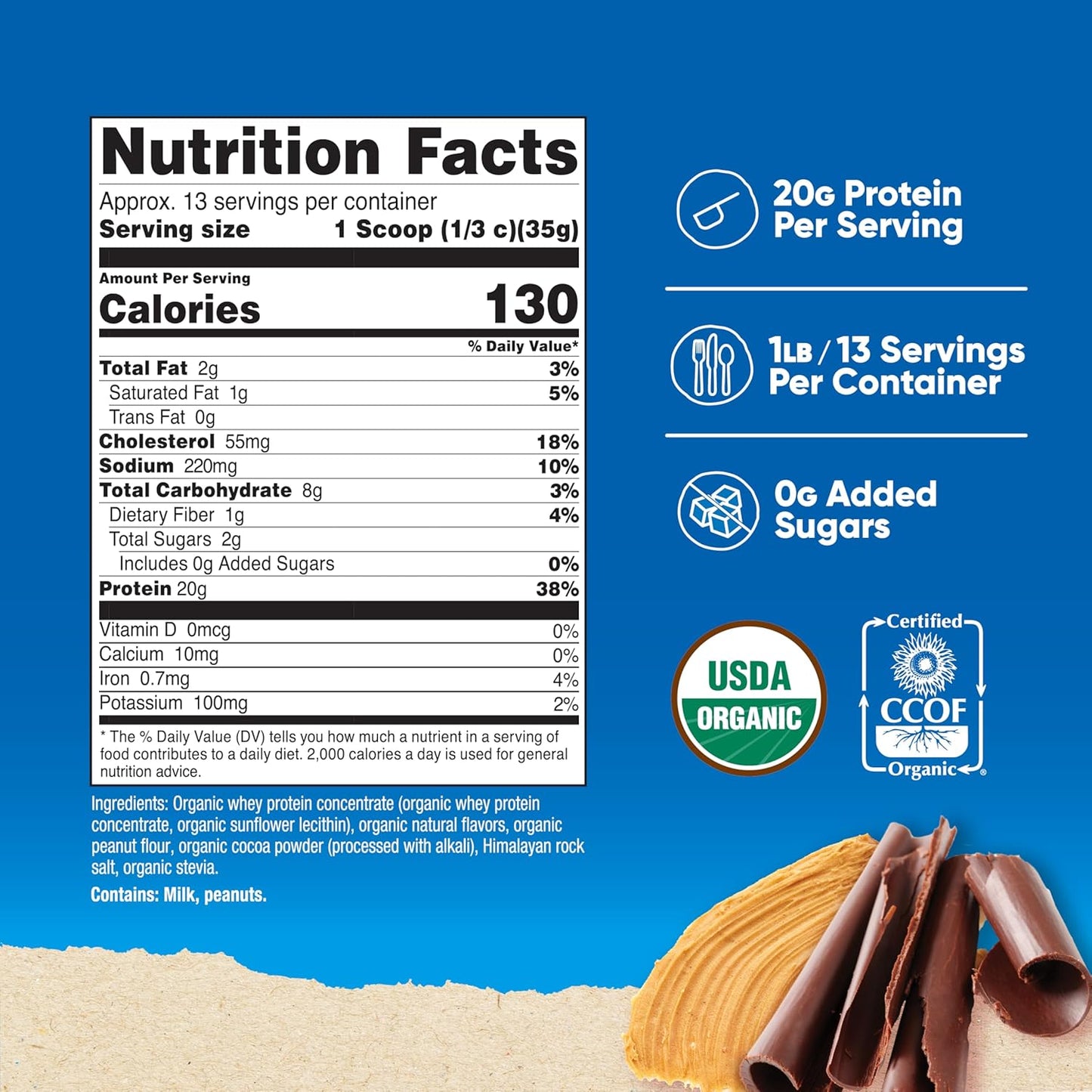 Organic Chocolate Peanut Butter Flavored Whey Protein Concentrate (1LB) - Gluten-Free, Non-GMO by Nutricost