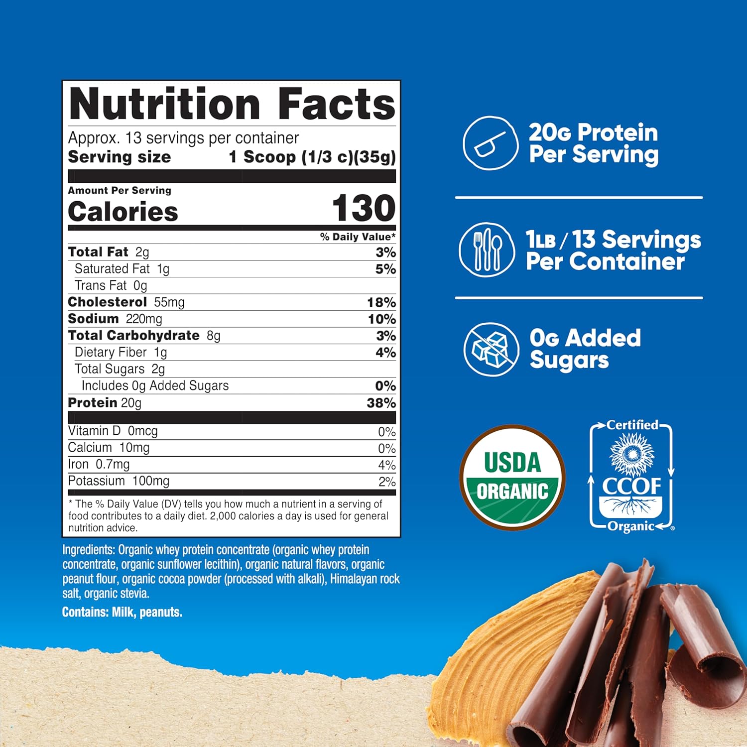 Organic Chocolate Peanut Butter Flavored Whey Protein Concentrate (1LB) - Gluten-Free, Non-GMO by Nutricost