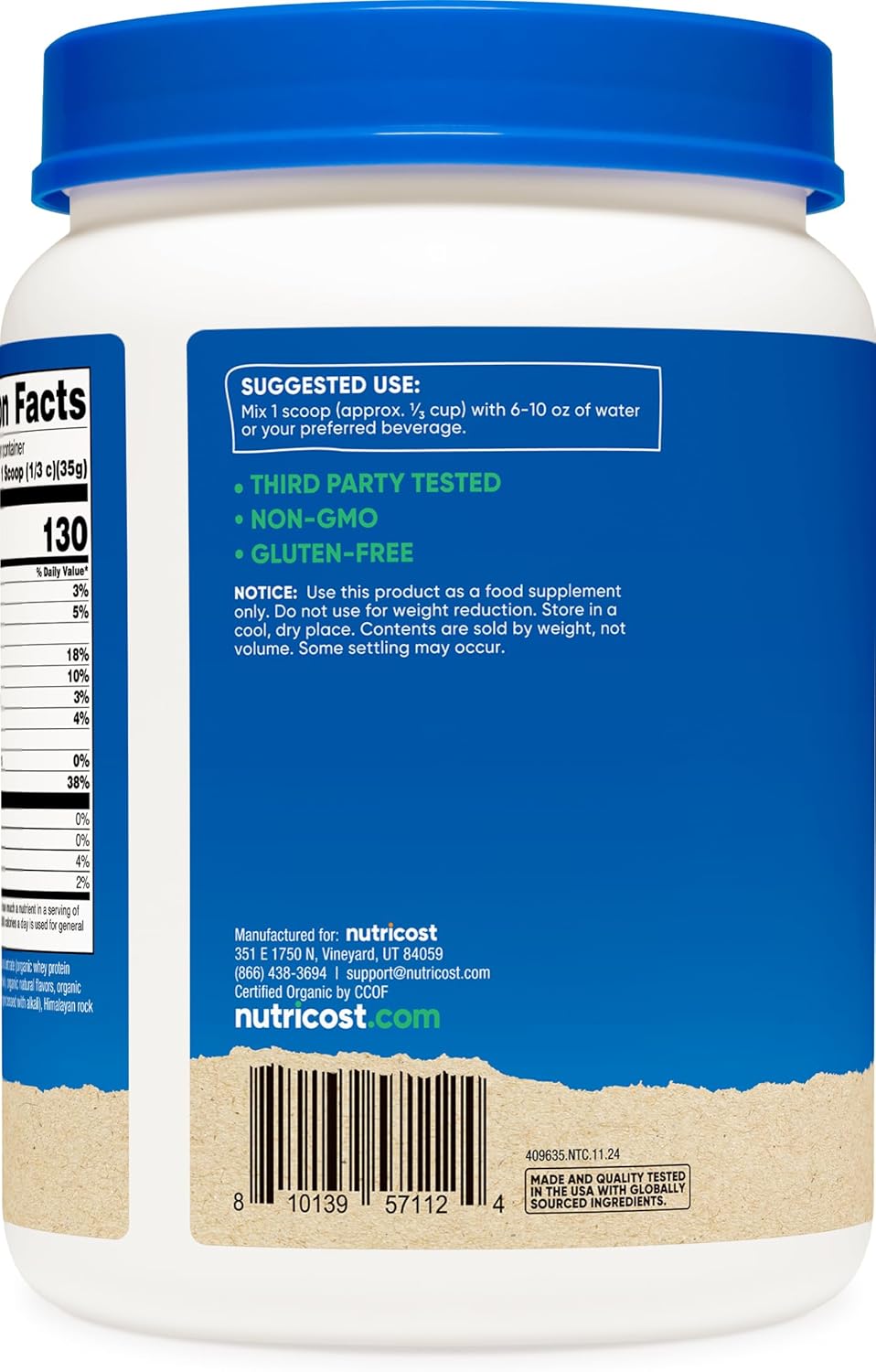 Organic Chocolate Peanut Butter Flavored Whey Protein Concentrate (1LB) - Gluten-Free, Non-GMO by Nutricost