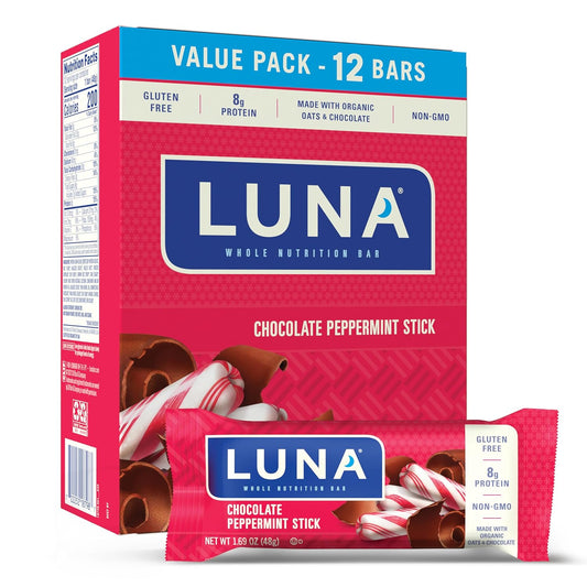Organic Chocolate Peppermint Stick LUNA Bar Snack Bars - Non-GMO Gluten-Free Protein (12 Pack)