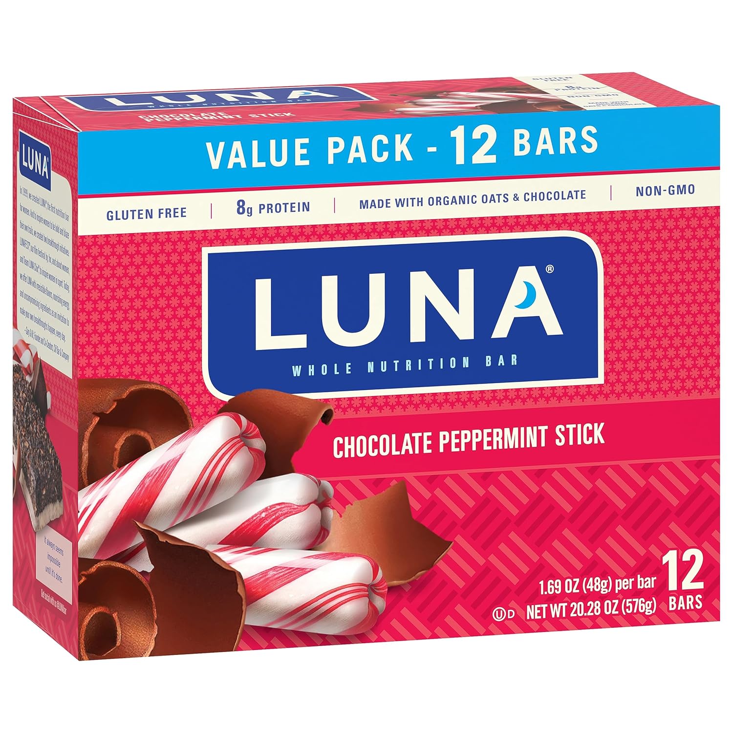 Organic Chocolate Peppermint Stick LUNA Bar Snack Bars - Non-GMO Gluten-Free Protein (12 Pack)