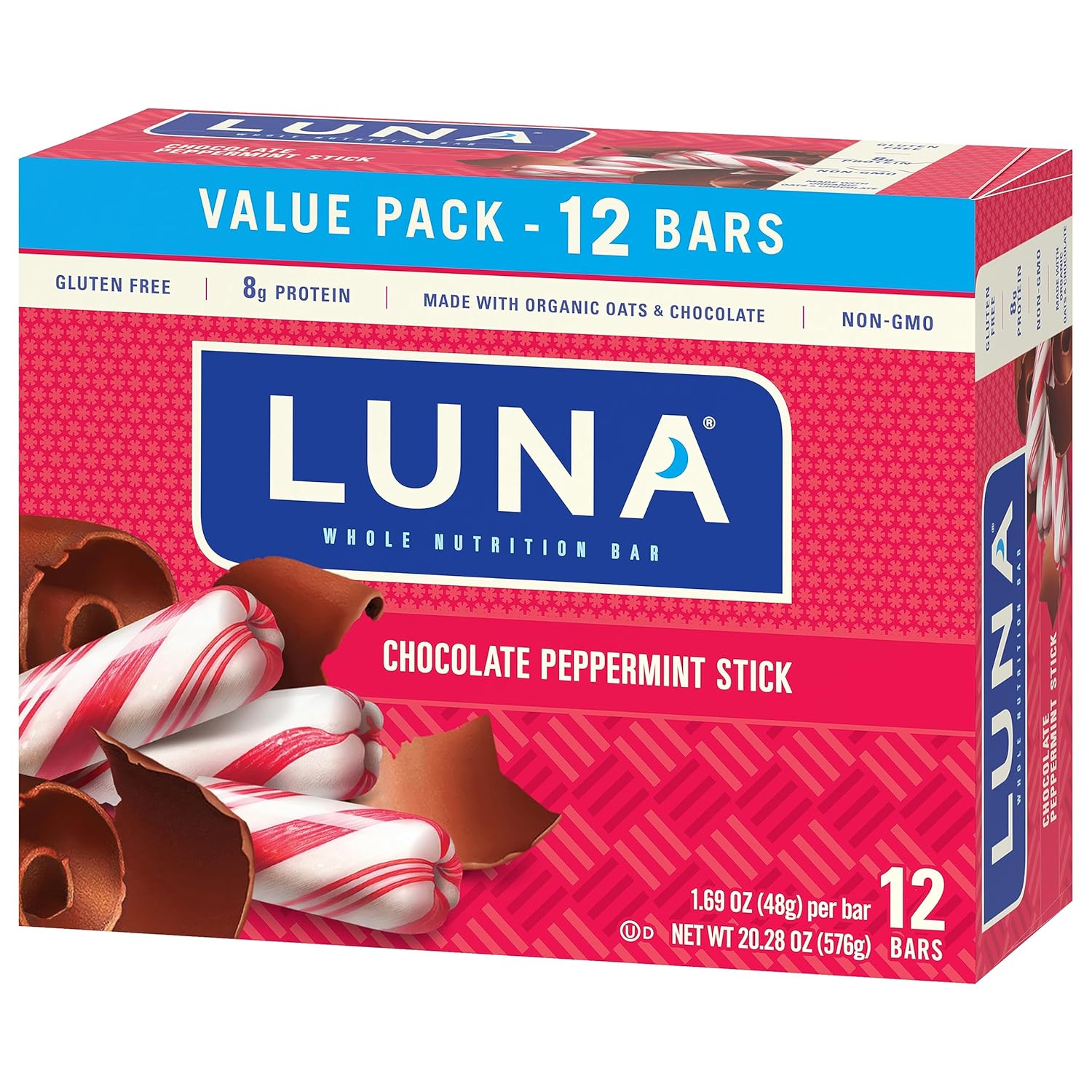 Organic Chocolate Peppermint Stick LUNA Bar Snack Bars - Non-GMO Gluten-Free Protein (12 Pack)