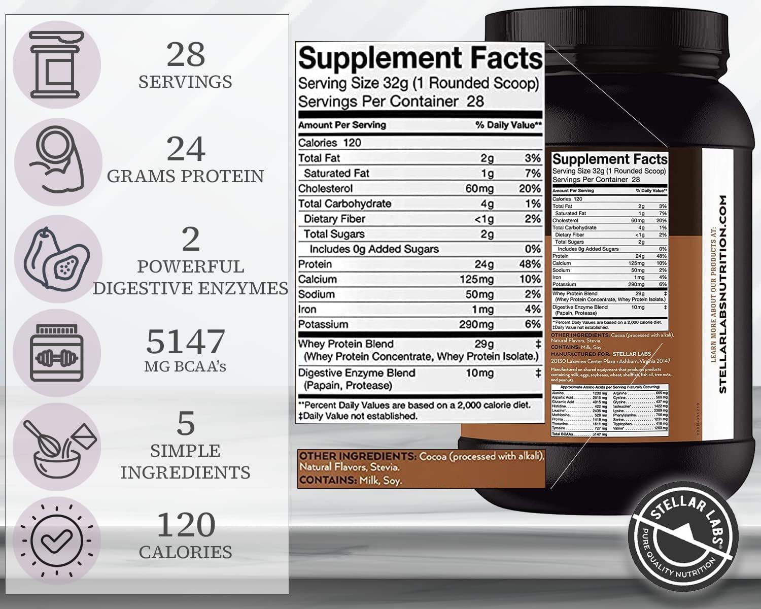 Organic Chocolate Whey Protein Powder with BCAA's & Whey Isolate | Low FODMAP, Non GMO, Gluten Free, Keto | Natural Post Workout Shakes