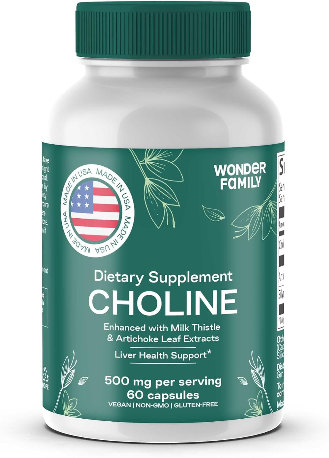 Organic Choline Bitartrate 500MG Capsules for Prenatal Health and Brain Function - Liver and Gallbladder Support Supplement - Memory and Focus Booster - 60 Count