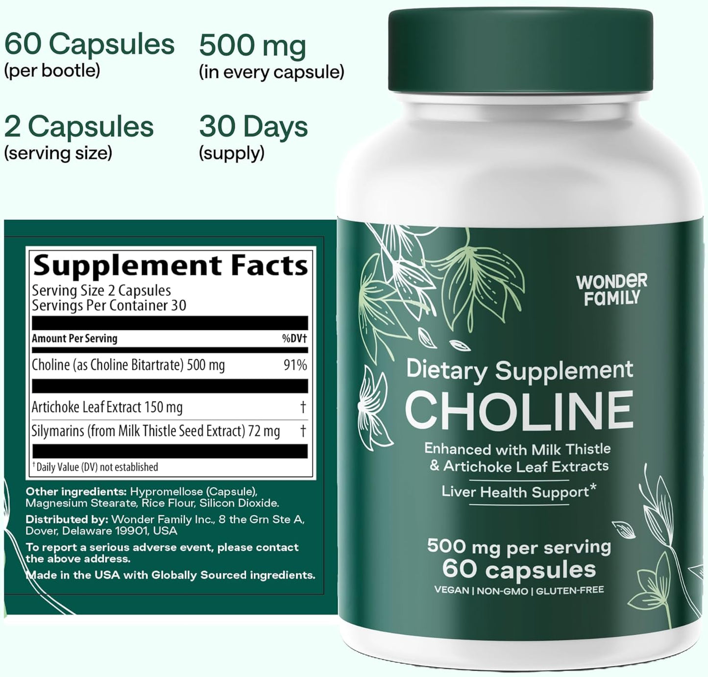Organic Choline Bitartrate 500MG Capsules for Prenatal Health and Brain Function - Liver and Gallbladder Support Supplement - Memory and Focus Booster - 60 Count