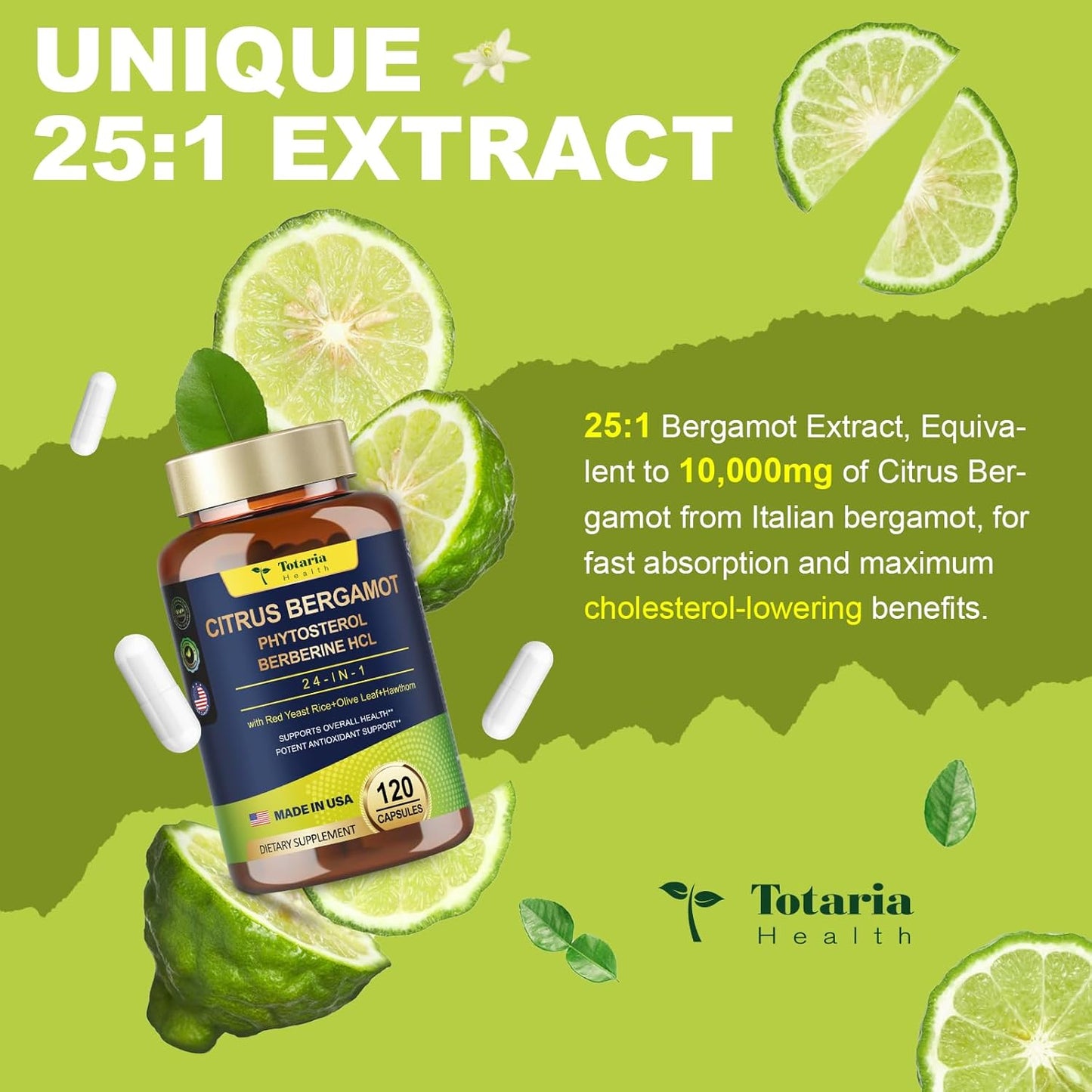 Organic Citrus Bergamot Capsules - 25:1 Extract for Healthy Cholesterol and Heart Support - Natural Italian Bergamot Supplements - Vegan and GMO-Free