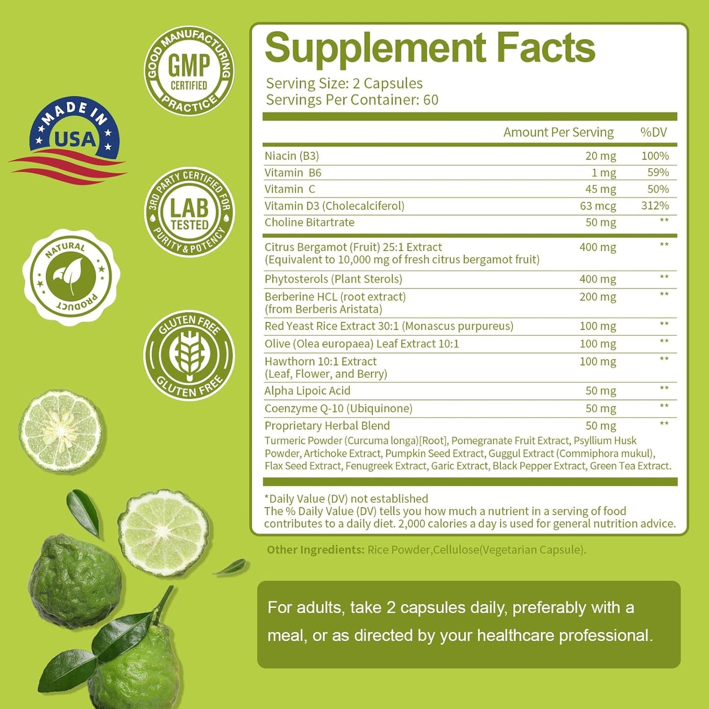 Organic Citrus Bergamot Capsules - 25:1 Extract for Healthy Cholesterol and Heart Support - Natural Italian Bergamot Supplements - Vegan and GMO-Free