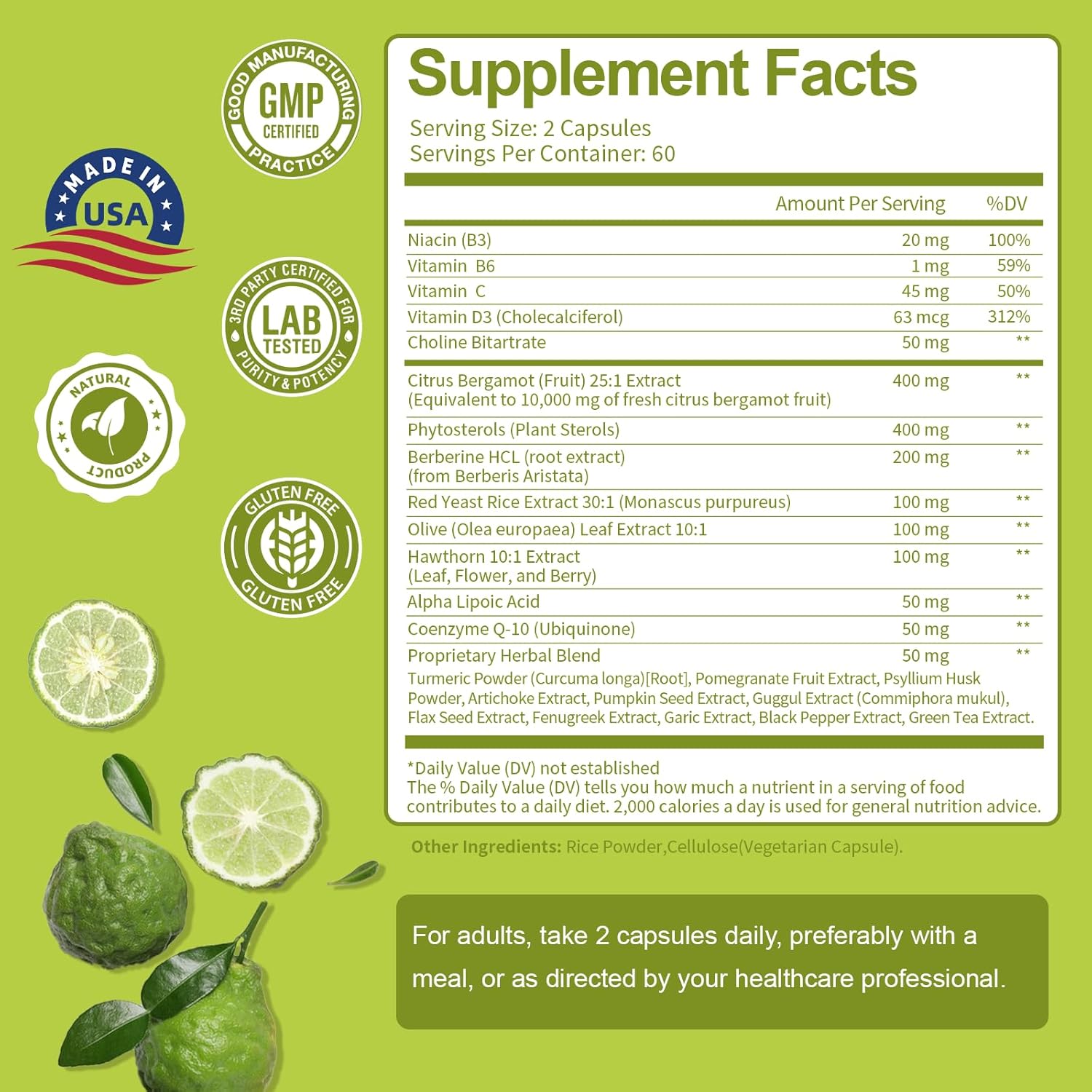 Organic Citrus Bergamot Capsules - 25:1 Extract for Healthy Cholesterol and Heart Support - Natural Italian Bergamot Supplements - Vegan and GMO-Free