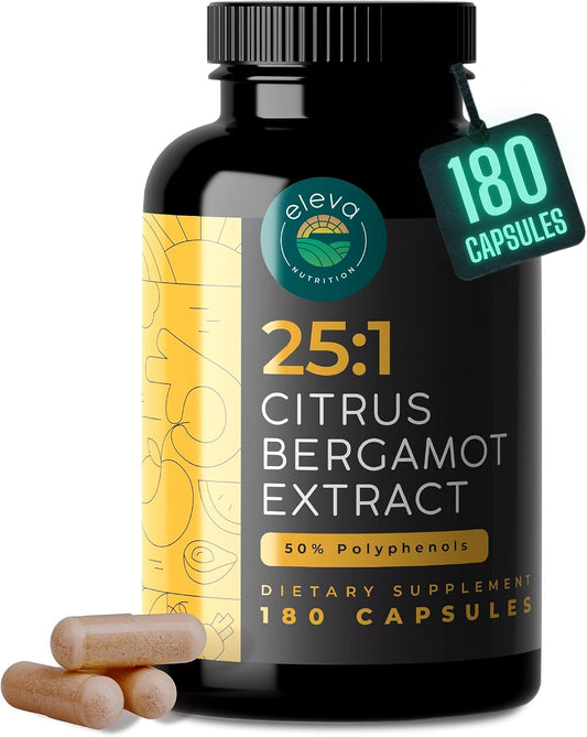 Organic Citrus Bergamot Extract Capsules 1000mg - High Cholesterol Supplement with 50% Polyphenols, Black Pepper - Vegan, Non-GMO - 180 ct.