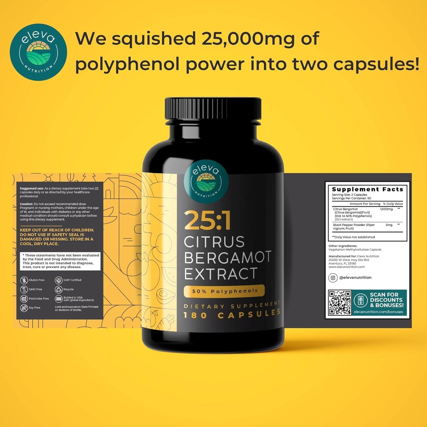 Organic Citrus Bergamot Extract Capsules 1000mg - High Cholesterol Supplement with 50% Polyphenols, Black Pepper - Vegan, Non-GMO - 180 ct.
