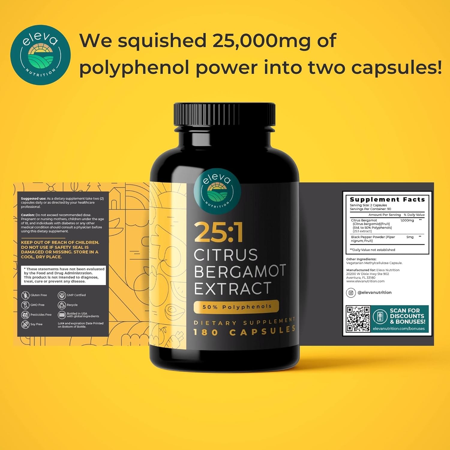 Organic Citrus Bergamot Extract Capsules 1000mg - High Cholesterol Supplement with 50% Polyphenols, Black Pepper - Vegan, Non-GMO - 180 ct.