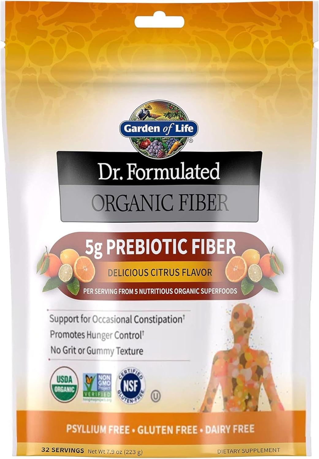 Organic Citrus Fiber Supplement Powder for Men and Women - Sugar Free, Psyllium Free, Prebiotic Superfoods, Constipation Relief - 32 Servings