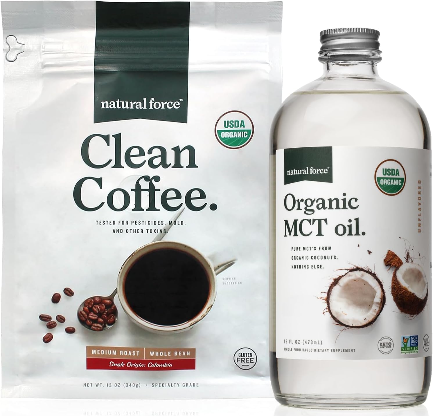 Organic Clean Coffee and MCT Oil Bundle - Pure Coconut MCTs, Mold-Free Coffee - Non-GMO, Keto, Paleo, Vegan - 12 Oz Bag, 16 Oz Bottle