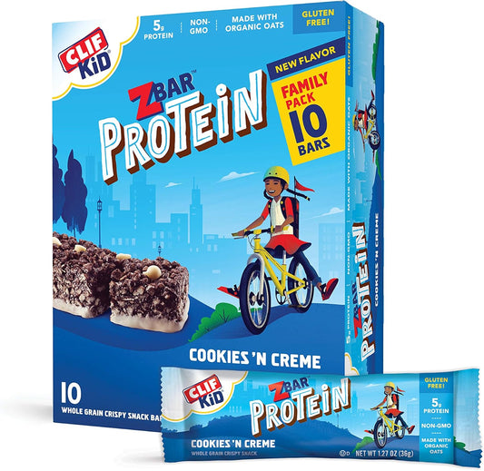 Organic CLIF KID ZBAR Protein Granola Bars, Cookies and Creme Flavor, Non-GMO, Lunch Box Snacks - 10 Count of 1.27 Ounce Energy Bars