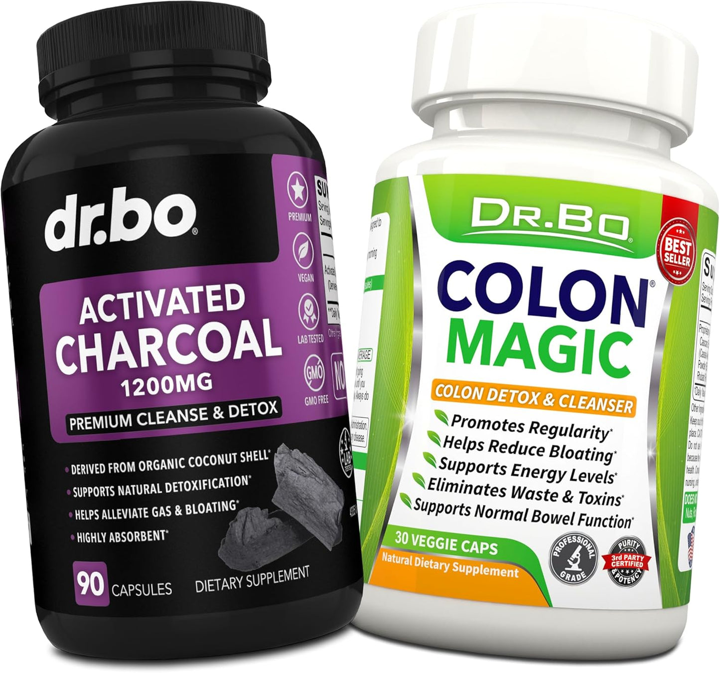 Organic Coconut Charcoal Capsules for Colon Cleanse & Detox - Dr. BO Activated Charcoal Pills for Gas & Bloating Relief - Natural Intestinal Cleanse Supplement for Bowel Health in Men, Women, and Kids