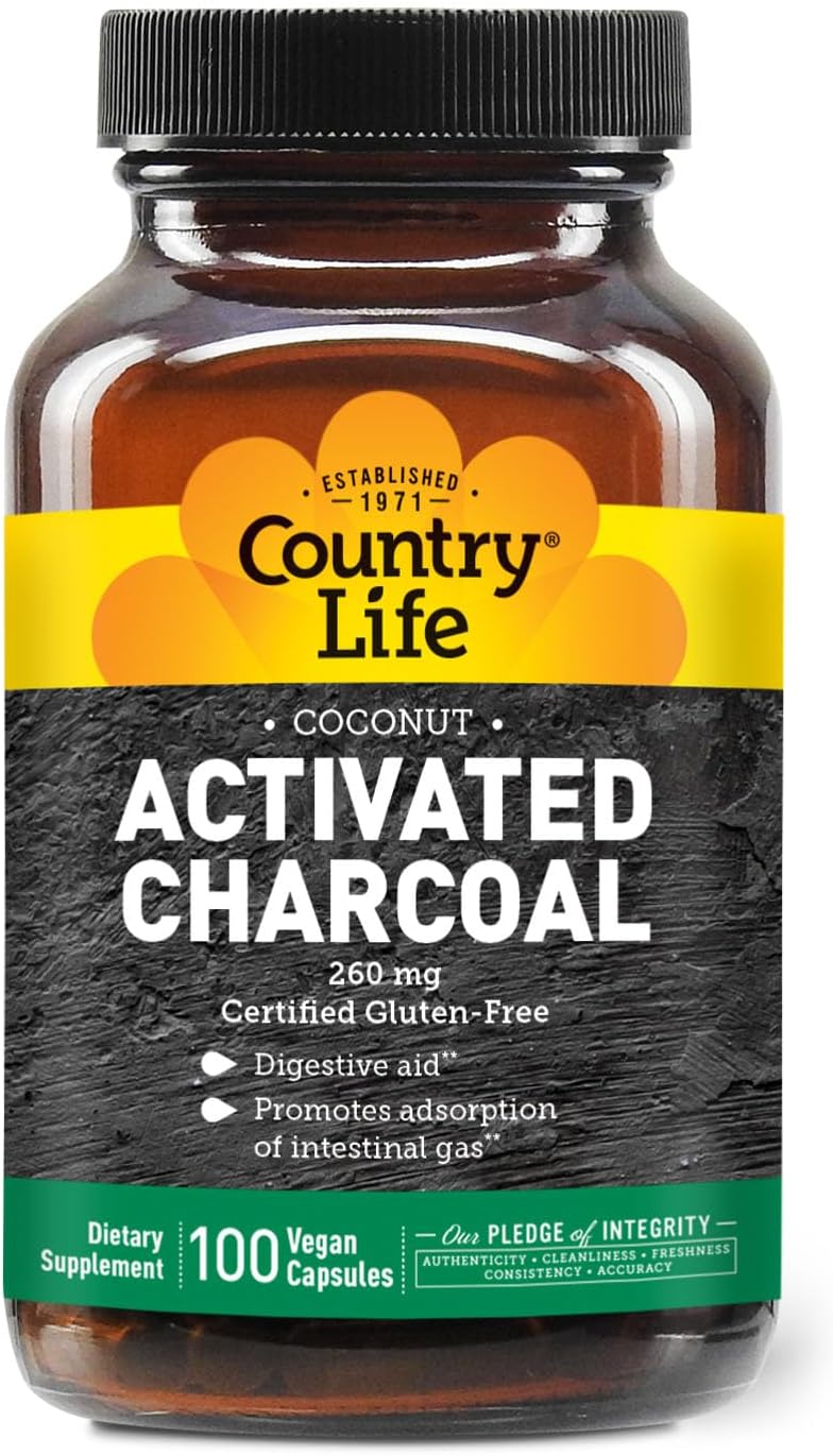Organic Coconut Charcoal Capsules for Gas and Bloating Relief - Gluten-Free, Non-GMO Vegan Supplement - 260mg Charcoal Tablets