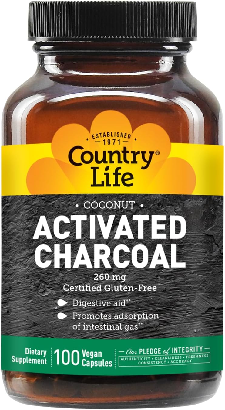Organic Coconut Charcoal Capsules for Gas and Bloating Relief - Gluten-Free, Non-GMO Vegan Supplement - 260mg Charcoal Tablets
