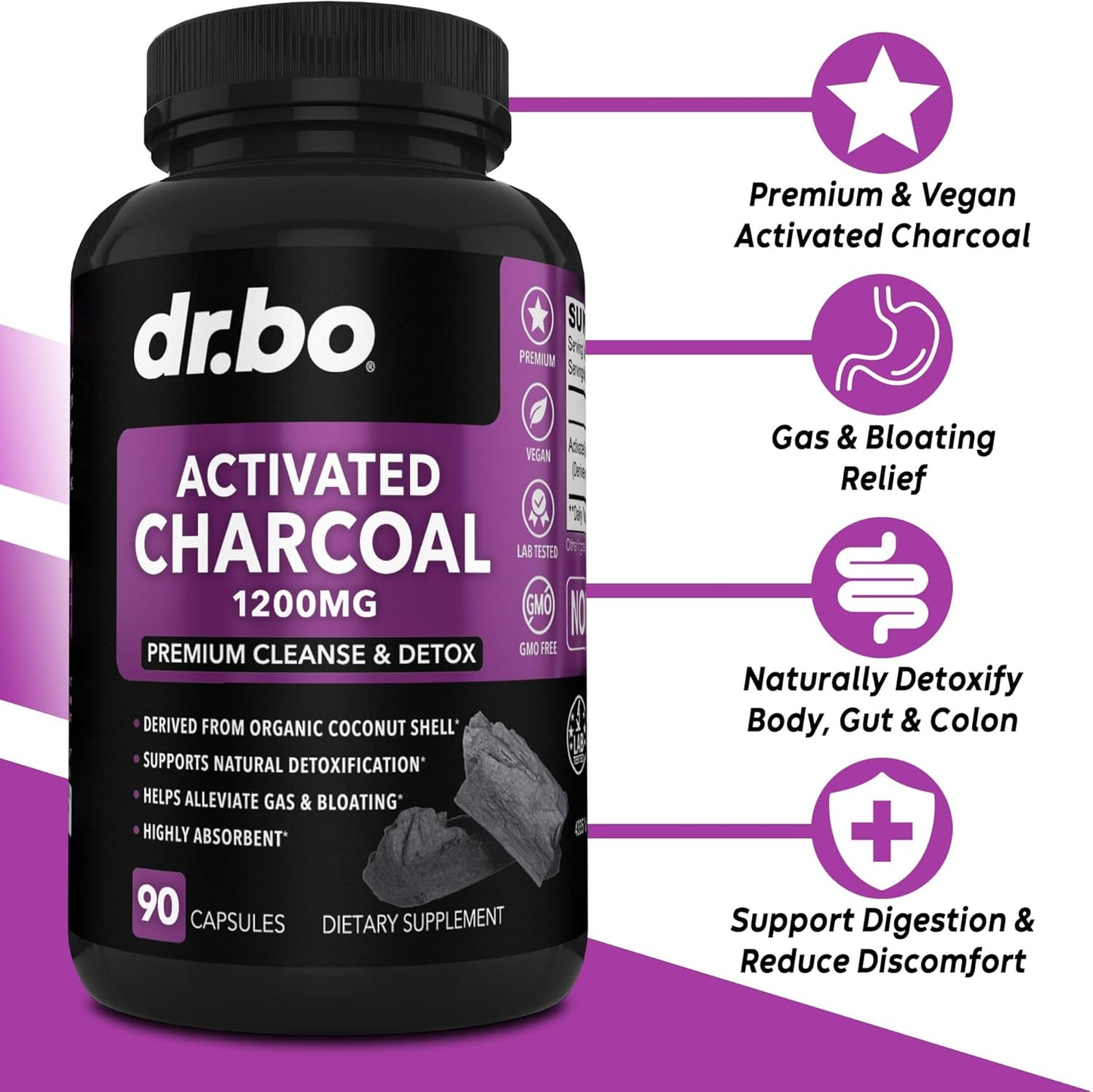 Organic Coconut Charcoal & Colon Cleanse Pills for Gas Relief & Regularity - Dr. BO Activated Charcoal Detox Supplement for Bloating & Gut Health
