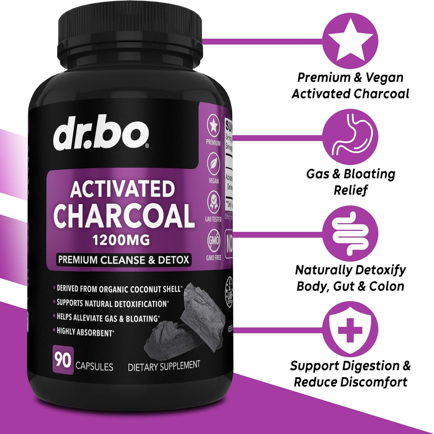 Organic Coconut Charcoal & Colon Cleanse Pills for Gas Relief & Regularity - Dr. BO Activated Charcoal Detox Supplement for Bloating & Gut Health