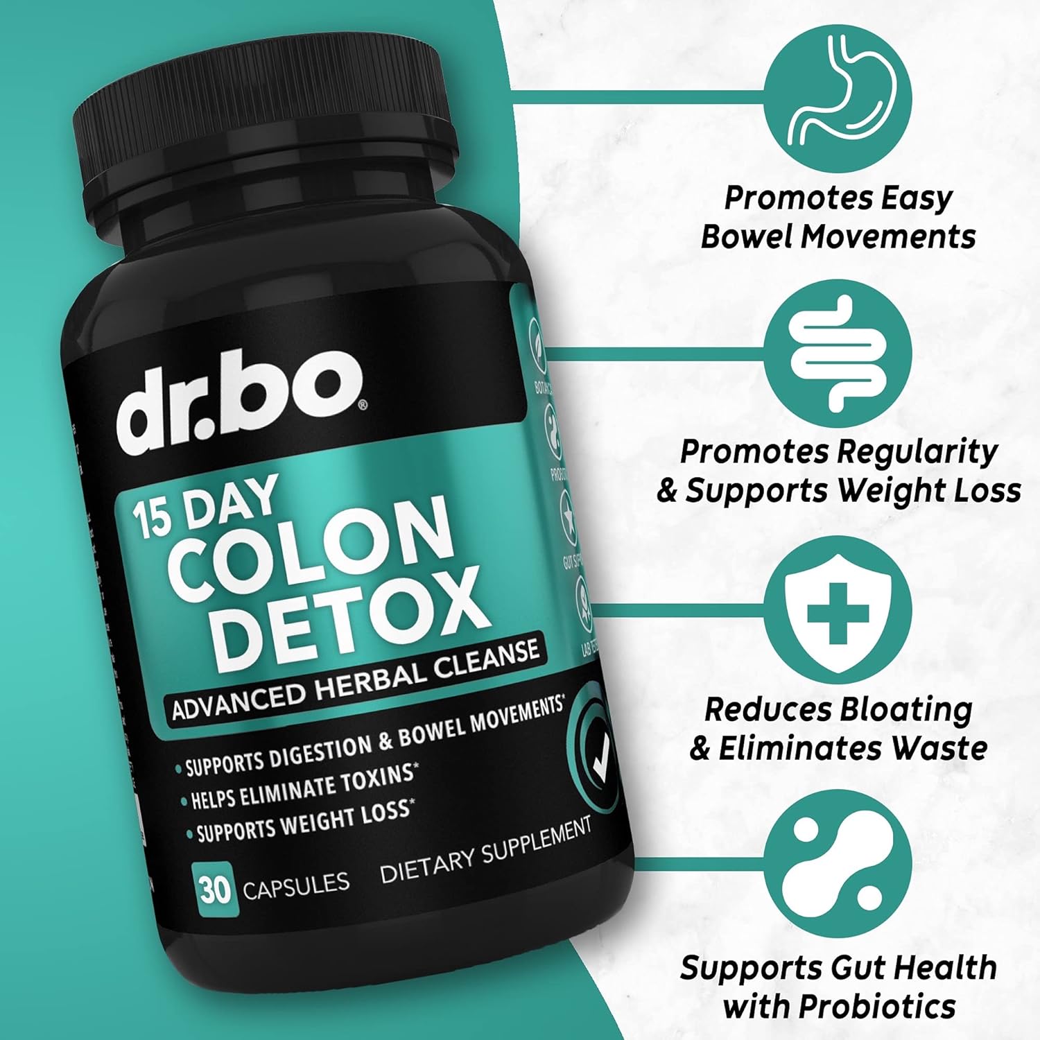 Organic Coconut Charcoal & Colon Cleanse Pills for Gas Relief & Regularity - Dr. BO Activated Charcoal Detox Supplement for Bloating & Gut Health