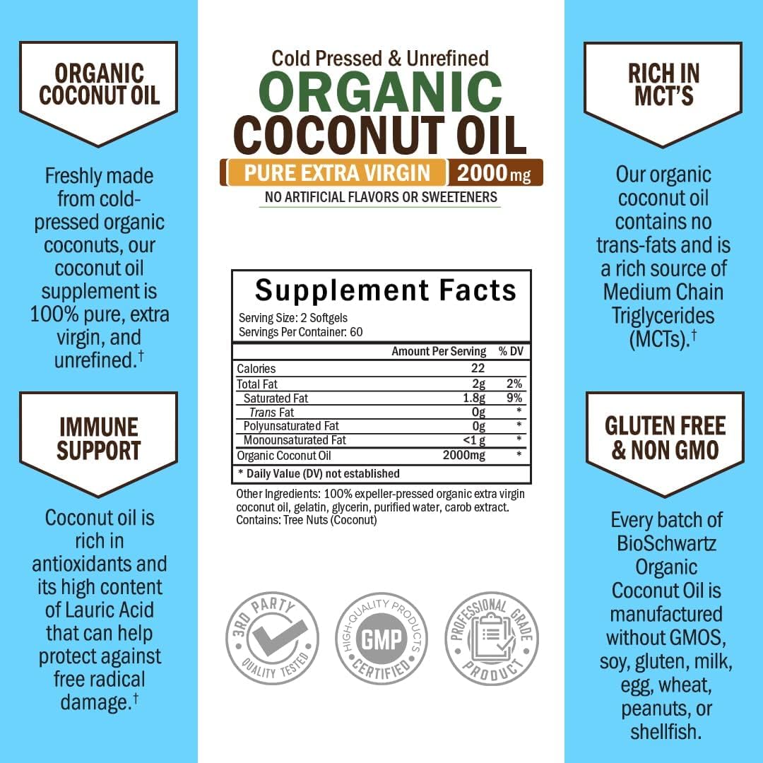 Organic Coconut Oil Capsules 2000mg - Cold Pressed MCT Rich & Non-GMO for Skin Hair Growth - 120ct