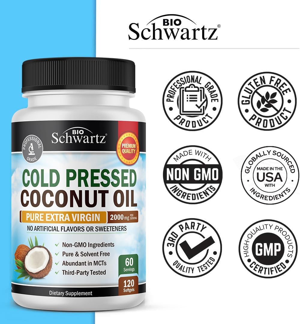 Organic Coconut Oil Capsules 2000mg - Cold Pressed MCT Rich & Non-GMO for Skin Hair Growth - 120ct