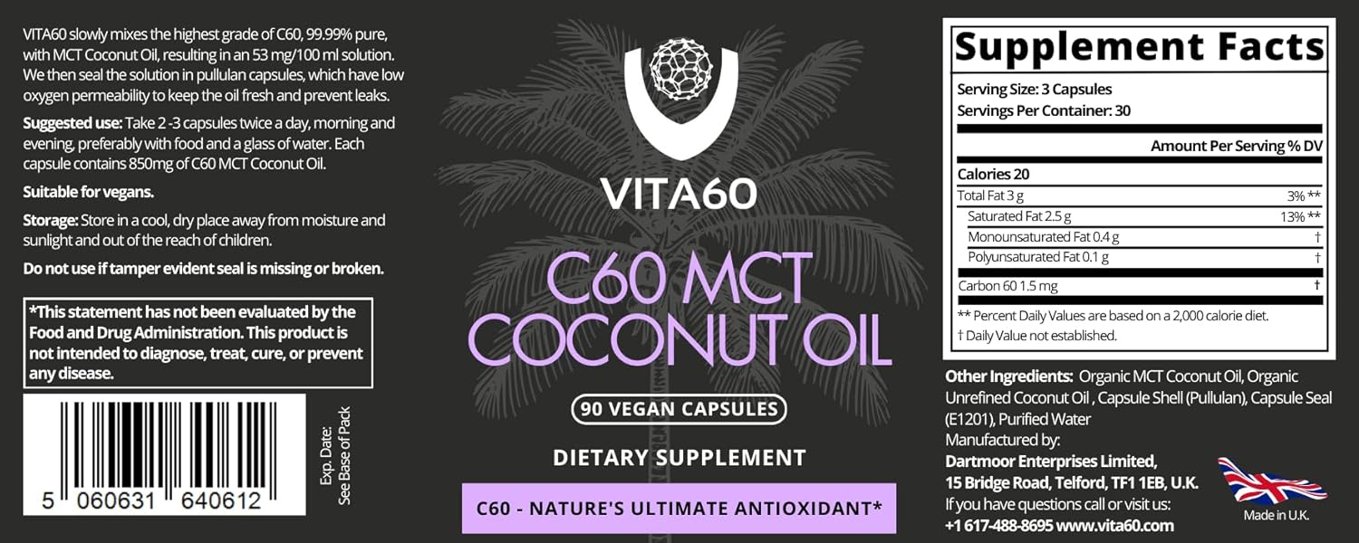Organic Coconut Oil Capsules with 99.99% Pure C60 for Age-Defying Antioxidant Support and Vitality