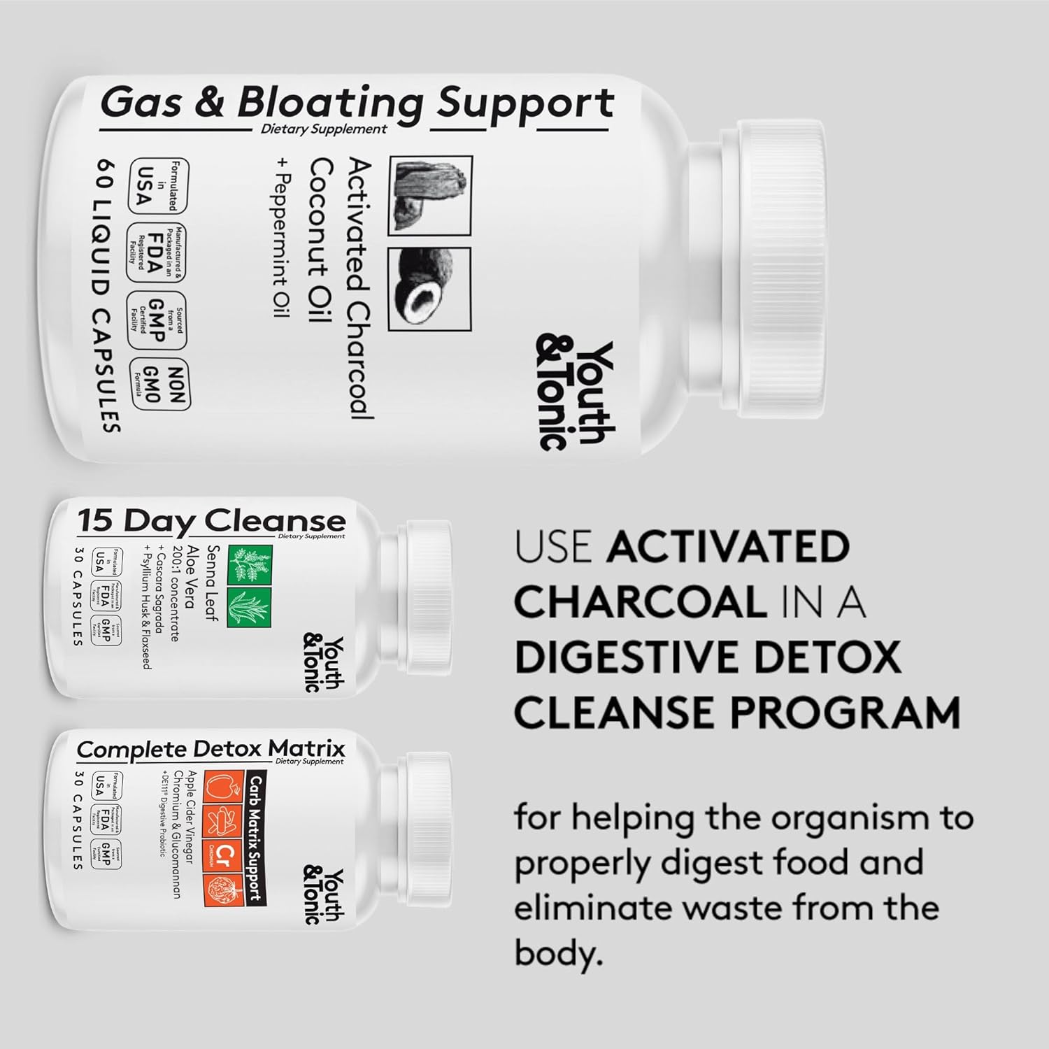 Organic Coconut Oil & Peppermint Activated Charcoal Pills for Gas Relief - 60 Liquid Capsules for Digestive System Detox in Men & Women