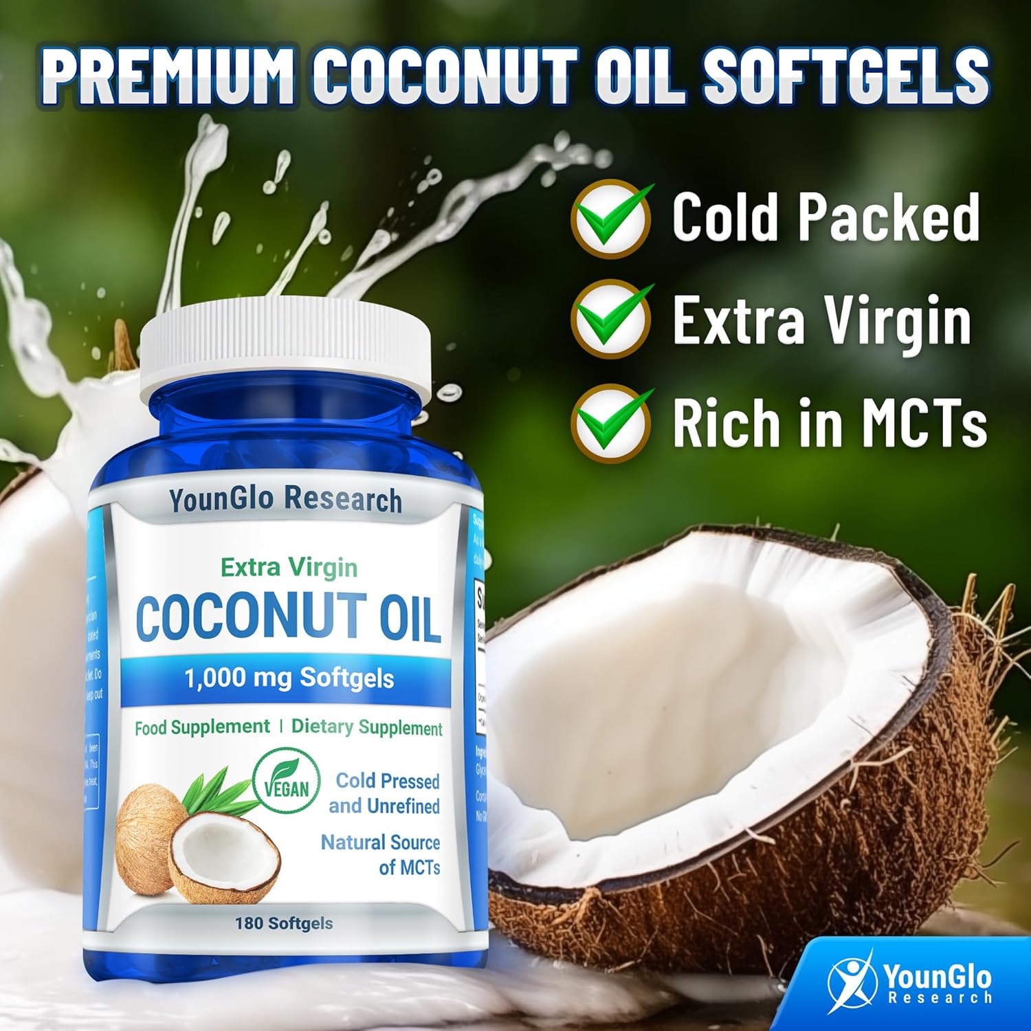 Organic Coconut Oil Softgels 1000mg - Cold-Pressed, Vegan, Keto-Friendly Supplement for Hair, Skin & Nails - 180 Capsules