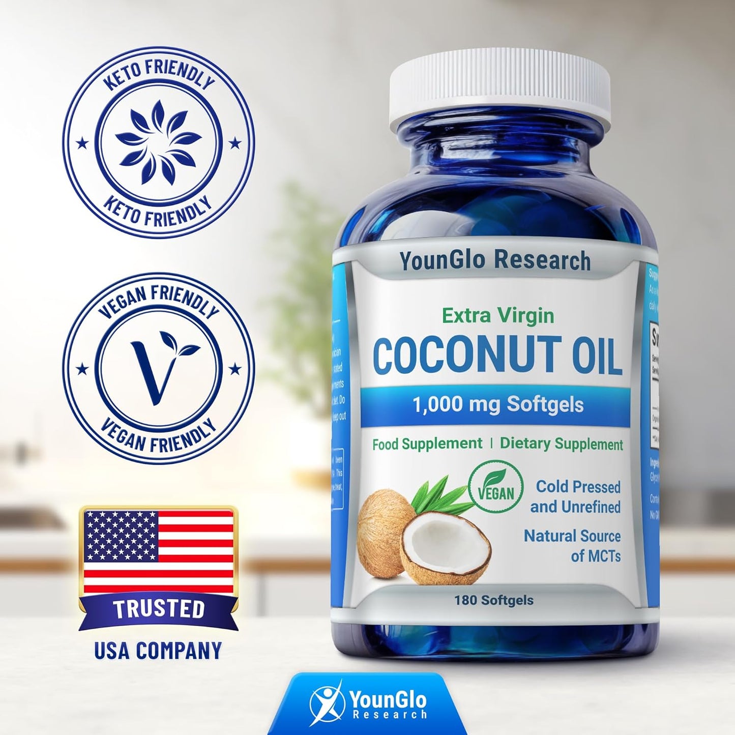 Organic Coconut Oil Softgels 1000mg - Cold-Pressed, Vegan, Keto-Friendly Supplement for Hair, Skin & Nails - 180 Capsules