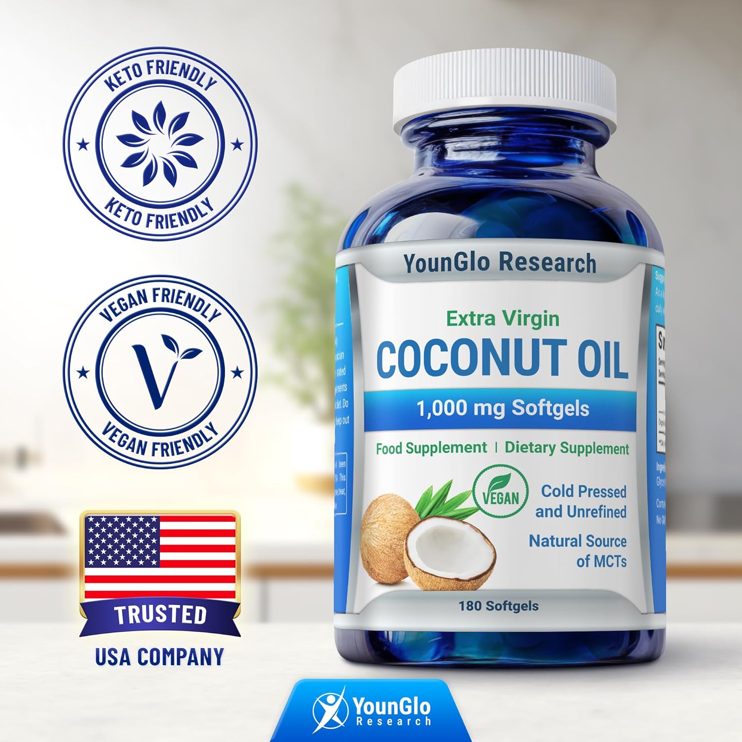 Organic Coconut Oil Softgels 1000mg - Cold-Pressed, Vegan, Keto-Friendly Supplement for Hair, Skin & Nails - 180 Capsules