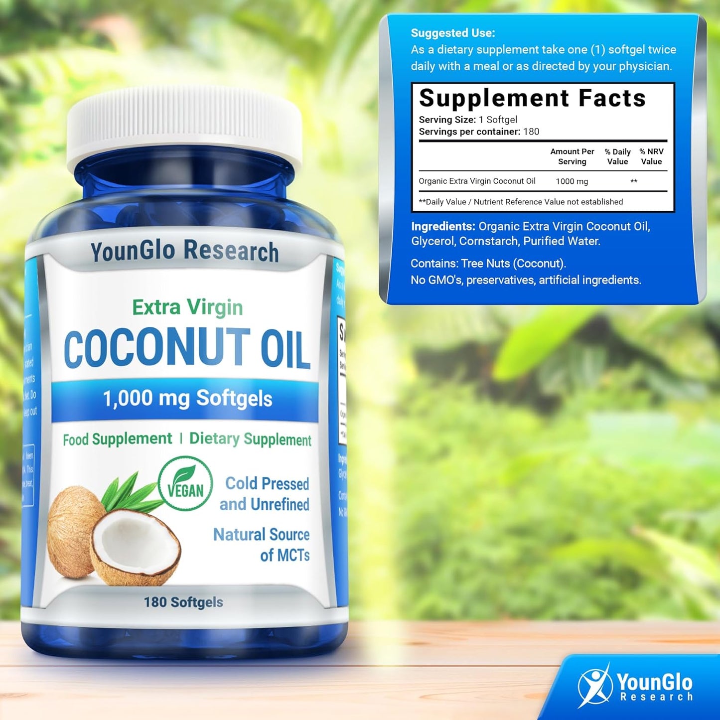 Organic Coconut Oil Softgels 1000mg - Cold-Pressed, Vegan, Keto-Friendly Supplement for Hair, Skin & Nails - 180 Capsules