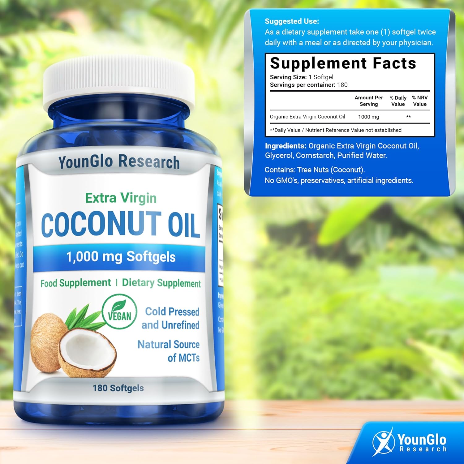Organic Coconut Oil Softgels 1000mg - Cold-Pressed, Vegan, Keto-Friendly Supplement for Hair, Skin & Nails - 180 Capsules