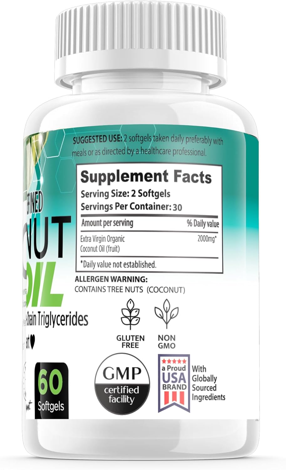 Organic Coconut Oil Supplements for Brain, Heart, and Memory Health - 60 Softgels, 2000mg - Made in USA