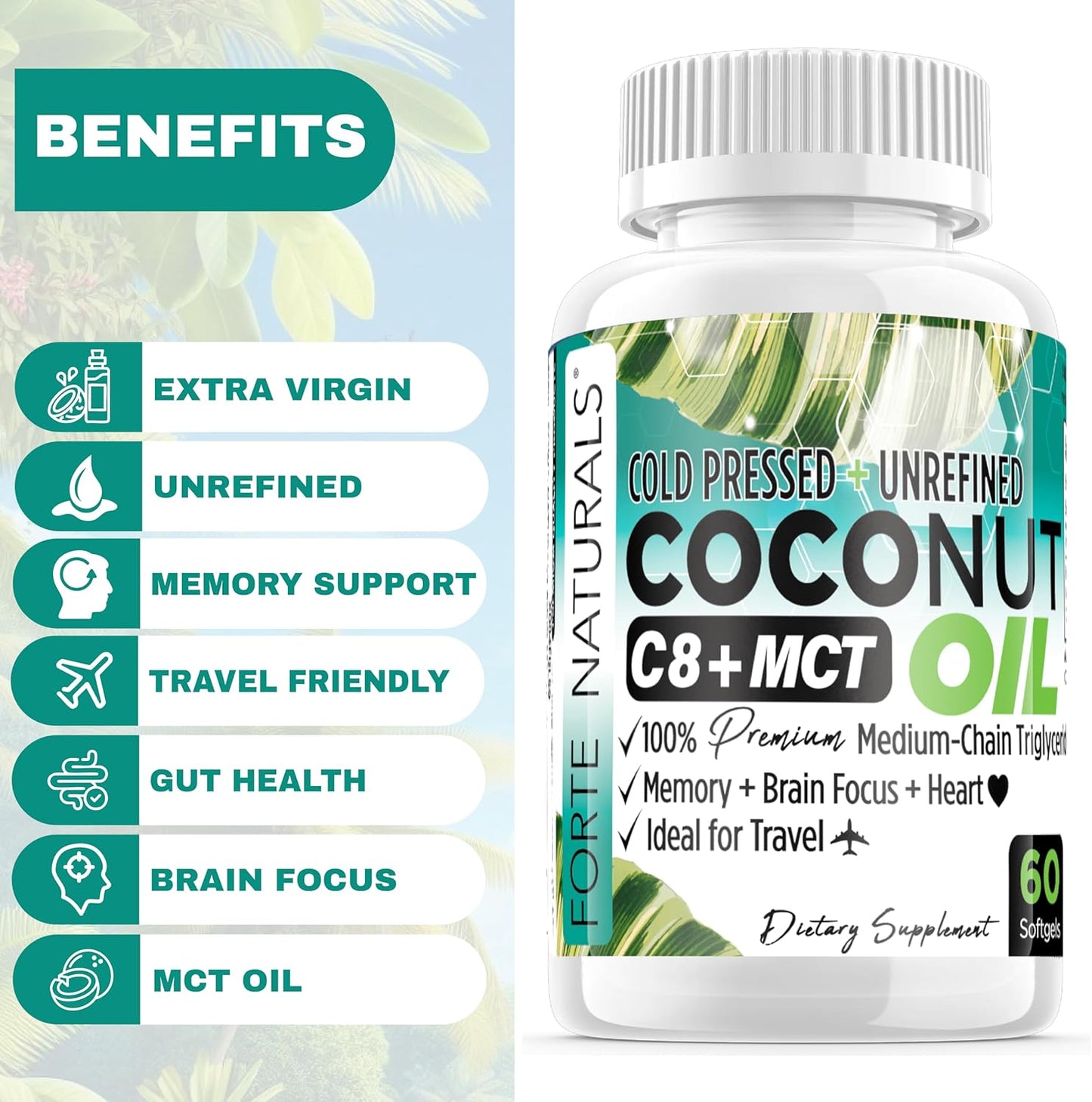 Organic Coconut Oil Supplements for Brain, Heart, and Memory Health - 60 Softgels, 2000mg - Made in USA