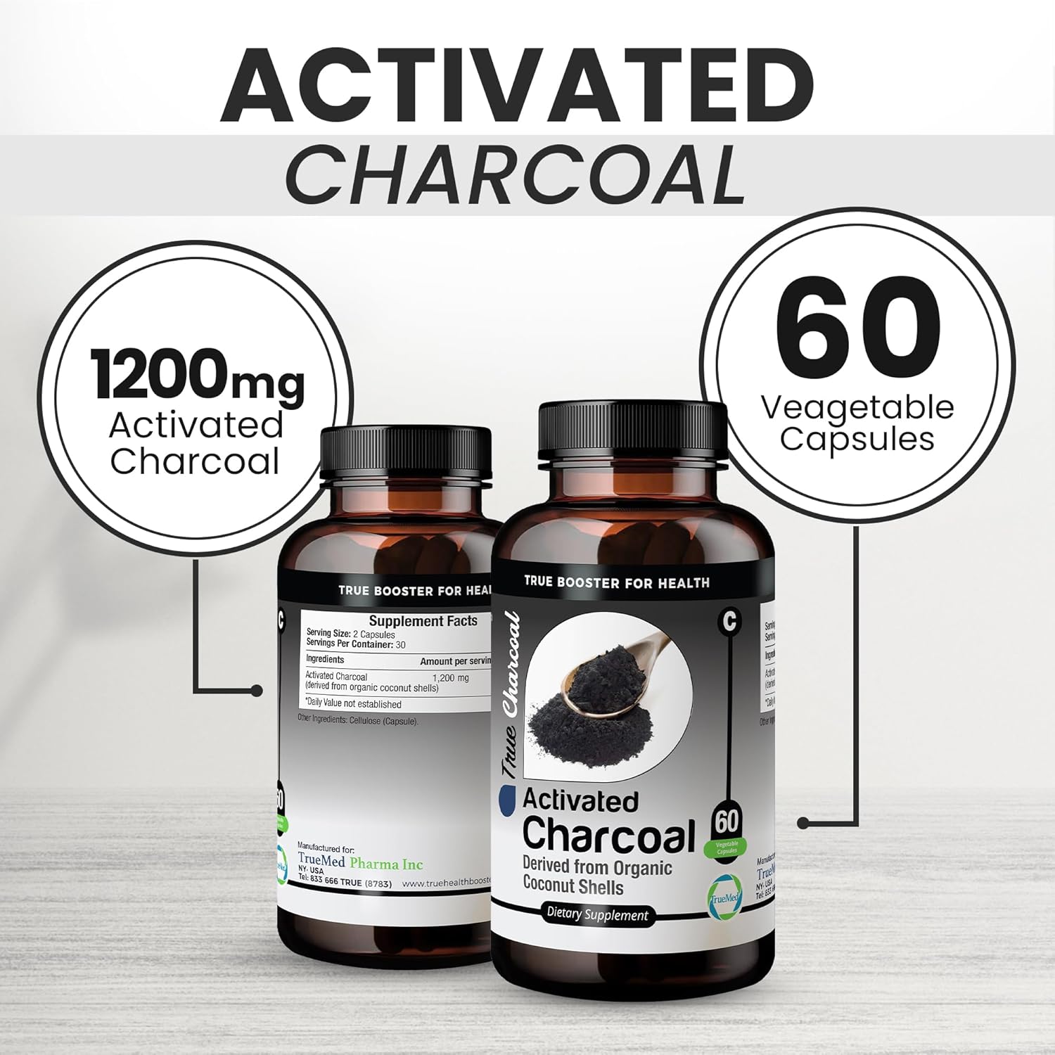 Organic Coconut Shell Derived Charcoal Capsules 1200mg - Detox & Digestive Support - 60 Capsules for Health-Conscious Individuals