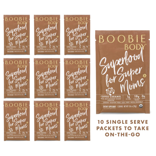 Organic Coffee Caramel Superfood Protein Shake for Pregnancy & Motherhood - 19g Protein, Vegan, Zero Sugar - 10 Packets