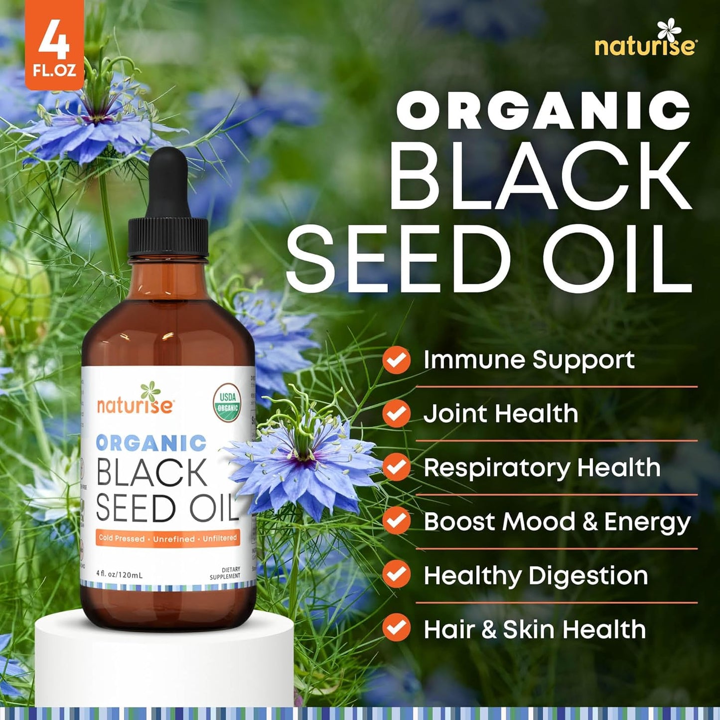 Organic Cold Pressed Black Seed Oil for Hair, Skin & Wellness - Vegan & Gluten Free - 4 Fl Oz. Bottle