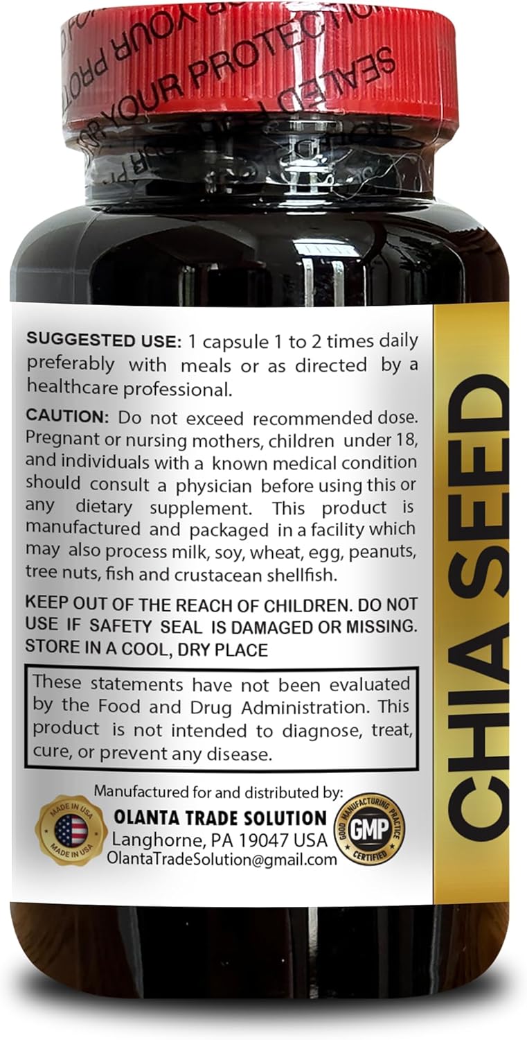 Organic Cold Pressed Chia Seed Extract Oil Capsules - Metabolism Boost Supplement - 60 Capsules