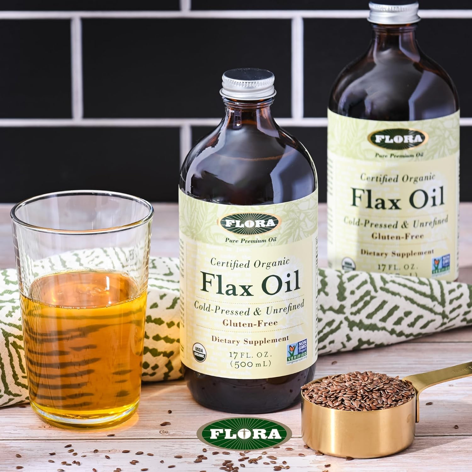 Organic Cold Pressed Flax Seed Oil - Non-GMO, Gluten-Free, Kosher Omega Blend - 32 oz Amber Glass Bottle - Essential Fatty Acids for Wellness