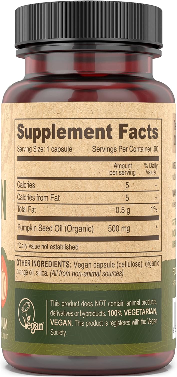 Organic Cold-Pressed Pumpkin Seed Oil Capsules - 90 Count, 500mg, Vegan & Unrefined - DEVA Nutrition