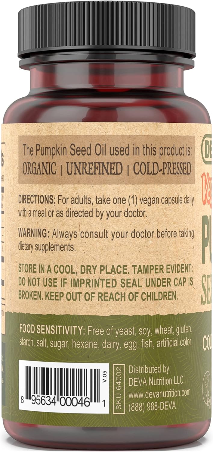 Organic Cold-Pressed Pumpkin Seed Oil Capsules - 90 Count, 500mg, Vegan & Unrefined - DEVA Nutrition