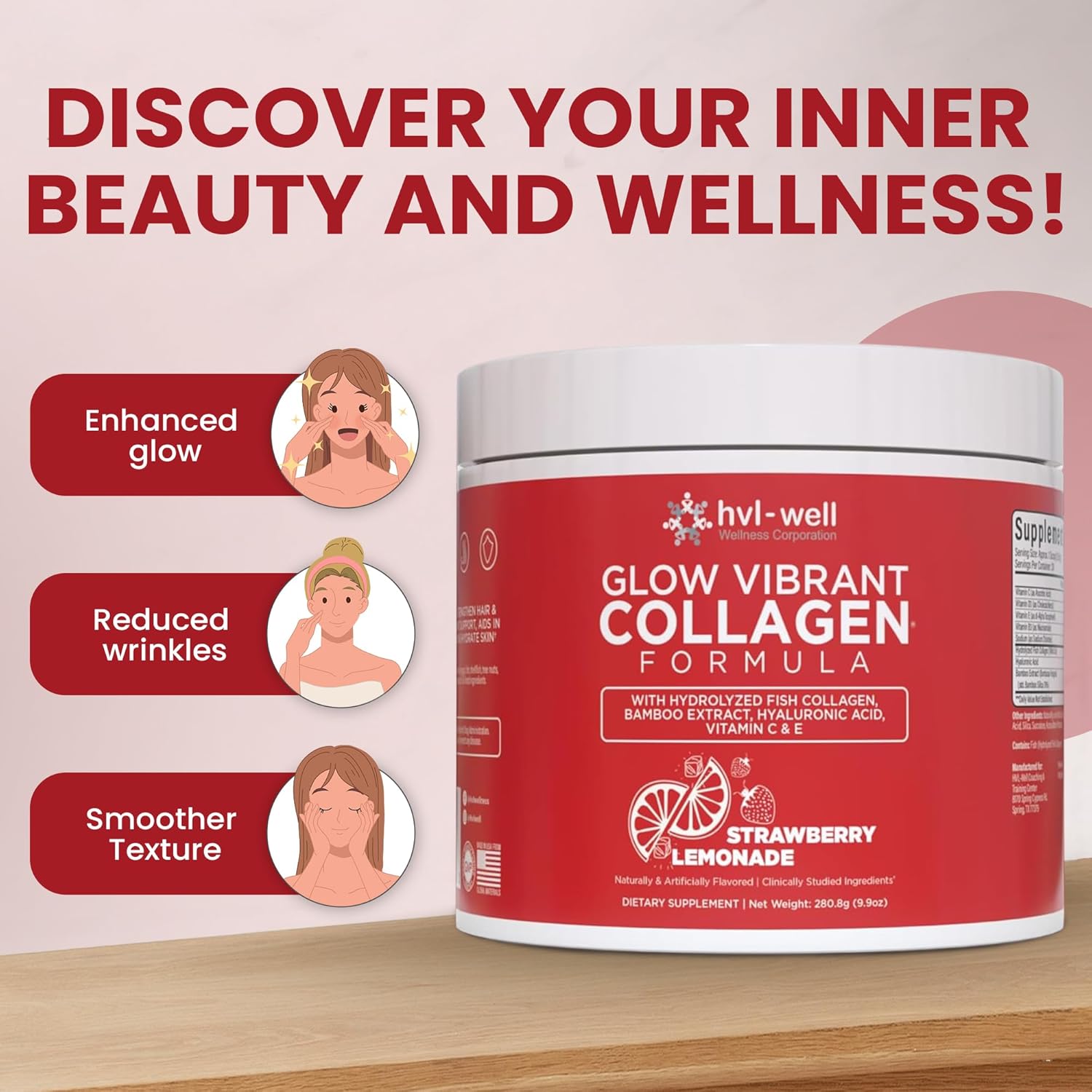 Organic Collagen Peptide Powder for Healthy Bones, Skin, Nails & Hair - Strawberry Lemonade Flavored - Sugar Free - 30 Servings