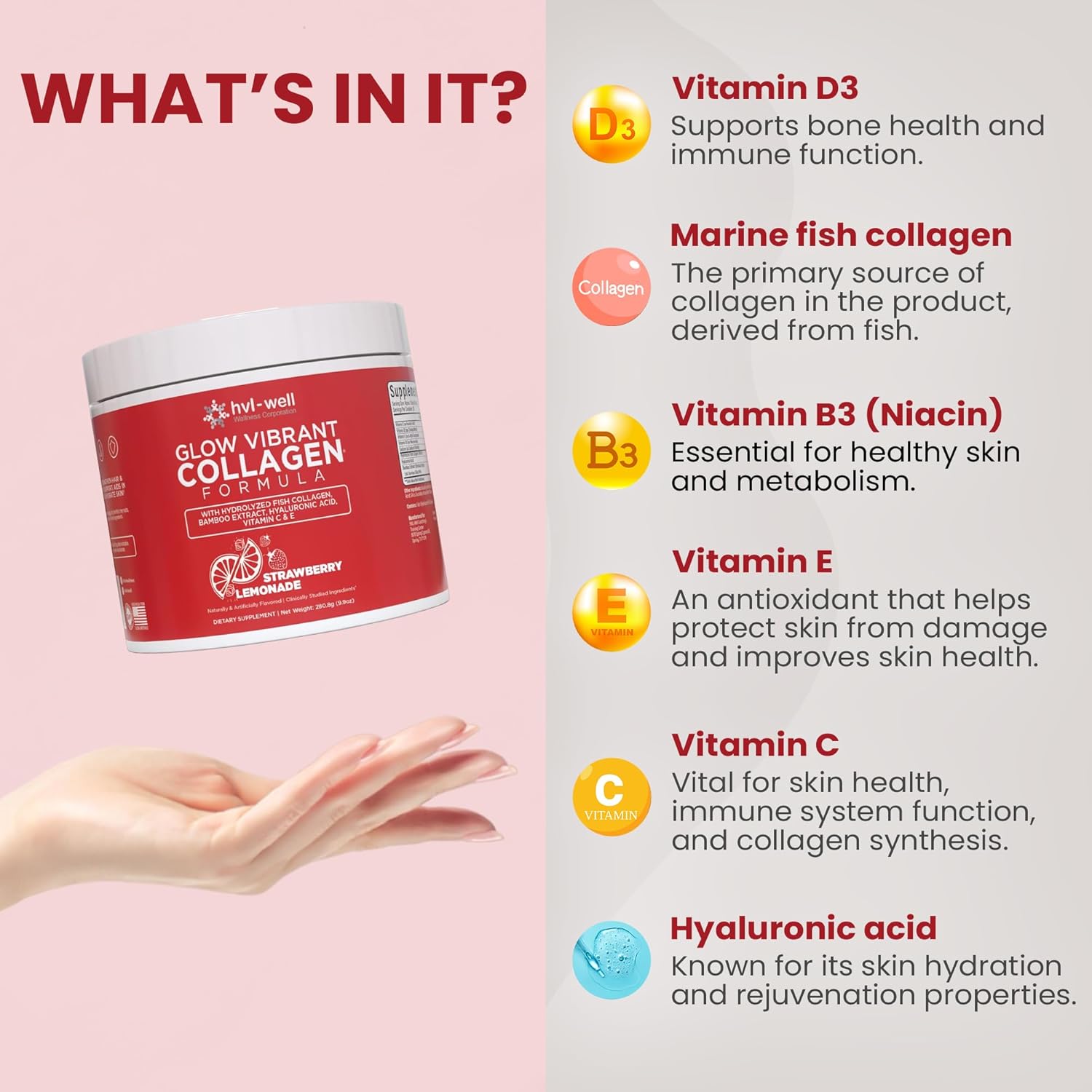 Organic Collagen Peptide Powder for Healthy Bones, Skin, Nails & Hair - Strawberry Lemonade Flavored - Sugar Free - 30 Servings